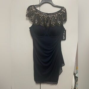 Xscape Navy Dress with Gold Embellishments